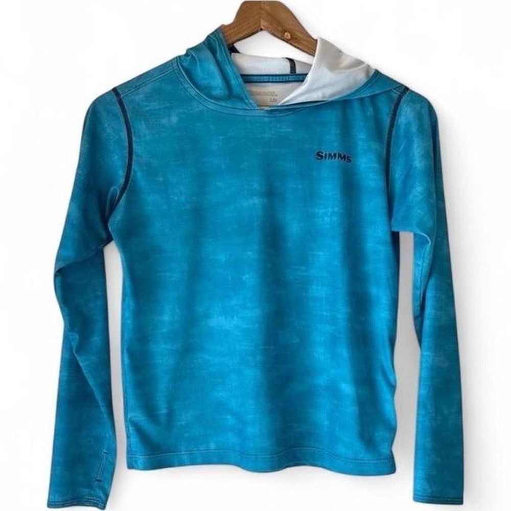 Simms Sun Protection Hoodie UPF Fishing Activewear Blue Long Sleeve L Kids